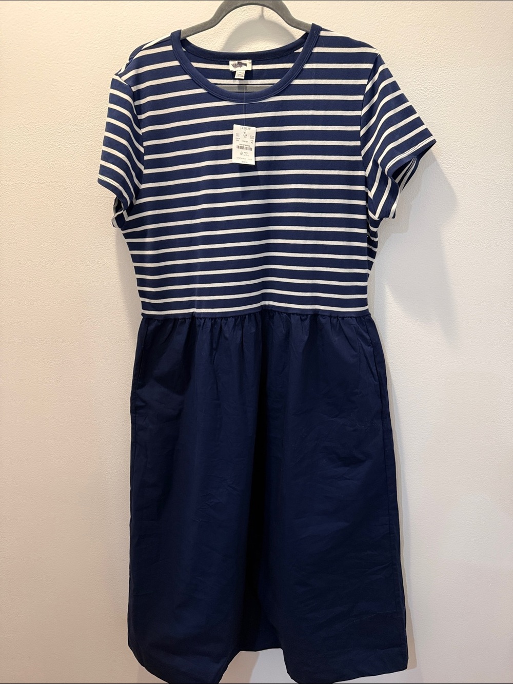 NWT J. Crew Striped short-sleeve knit mixy  dress Dark Navy Blue Stripe XL